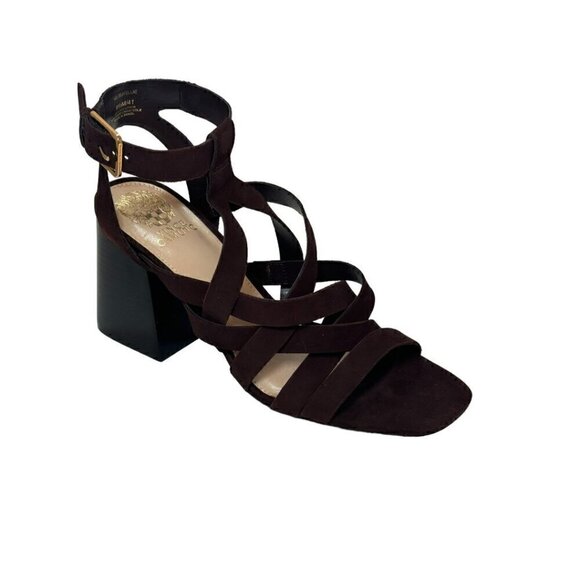 Vince Camuto Women Sutellie Block Heel Strappy Sandals Brown‎ Suede Size 9.5 NEW